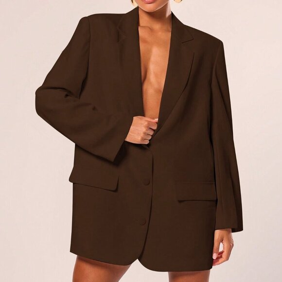 Coffee Brown Elegant Women's Oversized Blazer Dress - Picture 3 of 5